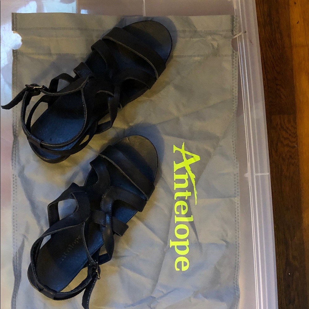 Antelope Black Leather Strappy Buckle Sandals